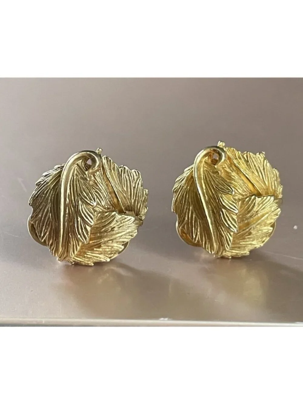 Vintage 1980s Earrings Gold Tone Leaves Clip On Statement Runway Glam Grecian